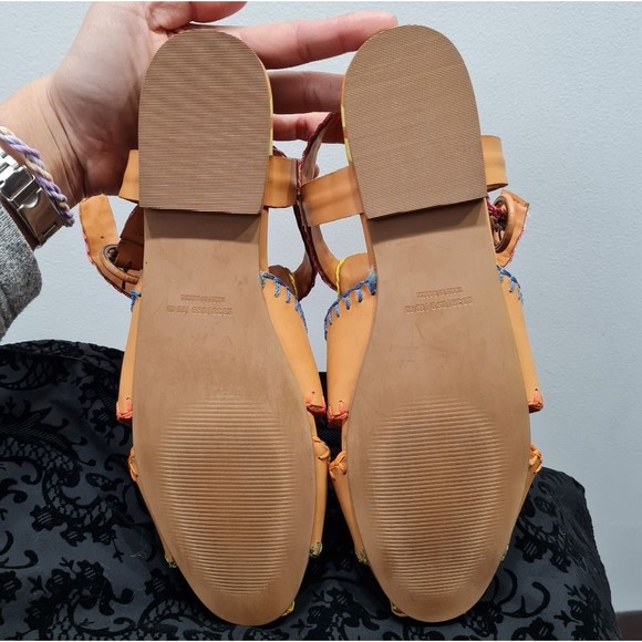 Farm Rio Caramel Palm Tree Strap Sandals NWOT Women's US 9 Bohemian Leather - Picture 13 of 14